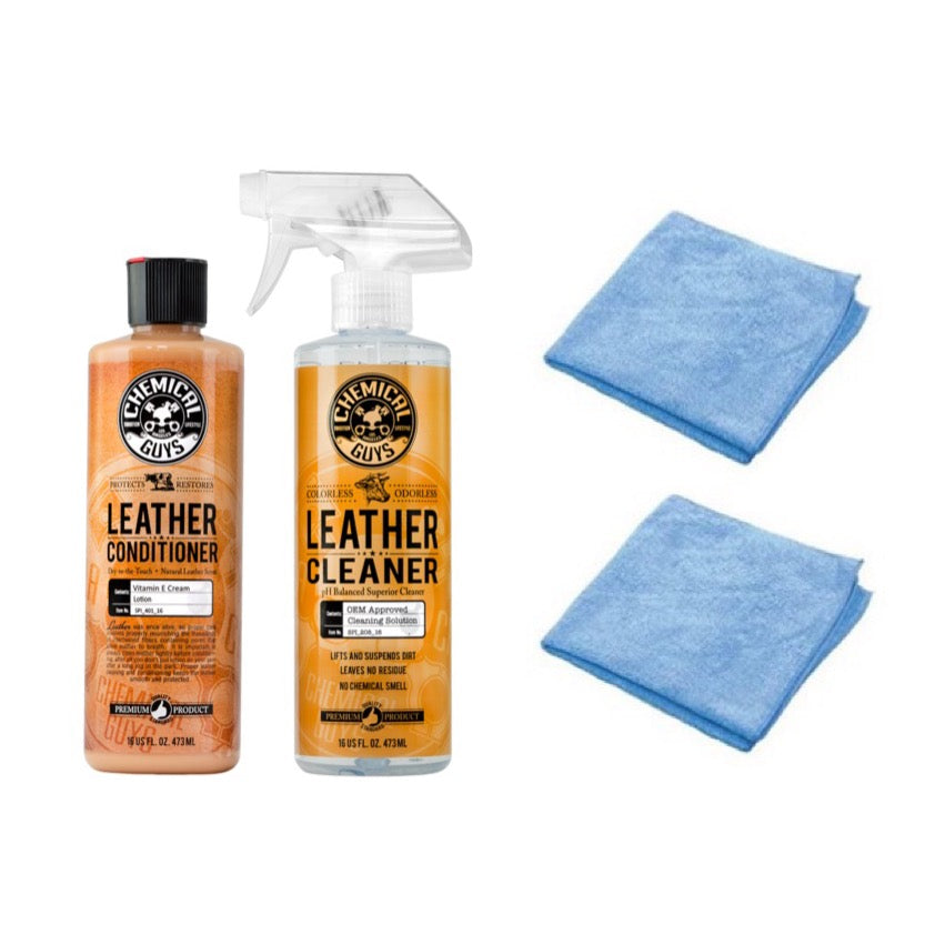 Chemical Guys Leather Cleaner 16oz + Leather Conditioner 16oz + 2 Micr –  Detailing Connect