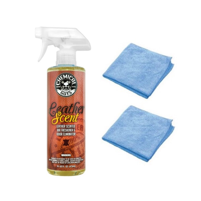 Chemical Guys Leather Scent Air Freshener 16oz + 2 Microfiber Towels –  Detailing Connect